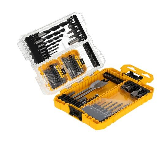 A yellow DEWALT tool case containing a variety of drill bits, screwdriver bits, and accessories, all neatly organized in compartments with a transparent lid.
