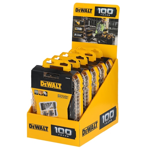 DEWALT display box containing several DEWALT Tough Case toolkits with clear plastic lids and yellow handles. The box is branded with DEWALT logos and '100 Years' text. The product is arranged in an upright yellow display with promotional graphics on the back panel.