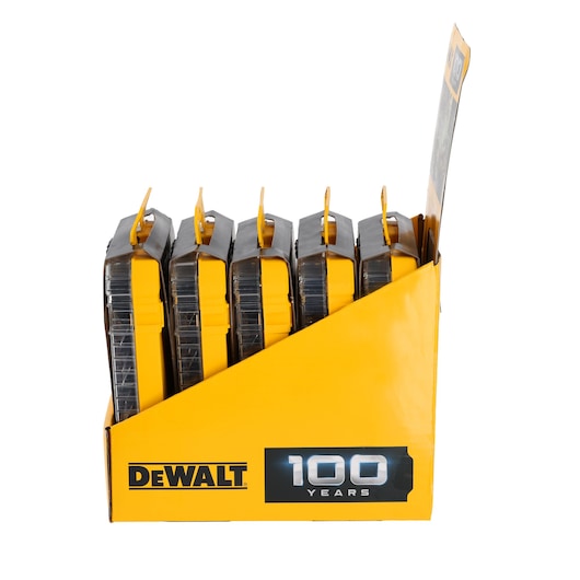 A yellow display box containing several DEWALT branded cases, arranged in a row. The box features the DEWALT logo and '100 YEARS' printed on the front.