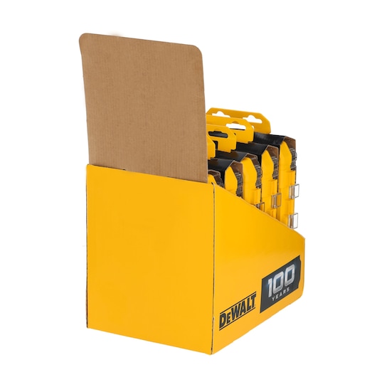 A yellow DEWALT branded cardboard display box containing several packaged items, with a '100 Years' label visible on the side.