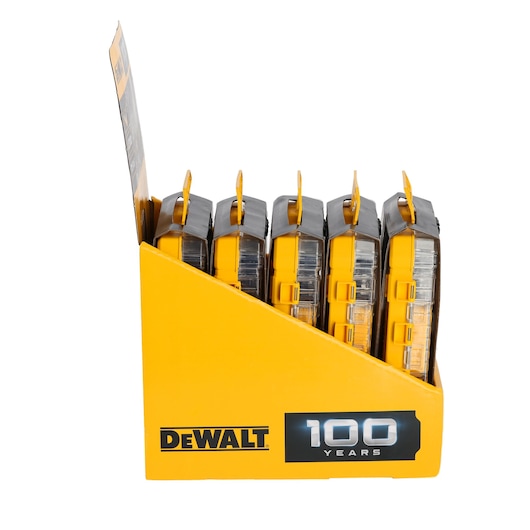 Side view of a DEWALT branded box containing multiple yellow and black tool storage cases, with clear lids. The box has a '100 Years' label on the front.