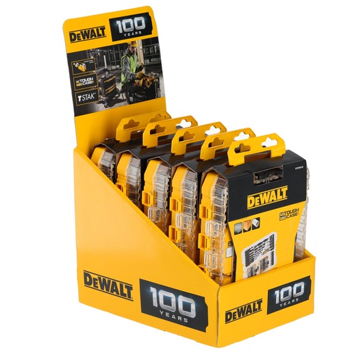 Display box containing multiple DEWALT Tough Cases, celebrating 100 years. The box is yellow with DEWALT branding, showing packaged cases for tools or accessories.