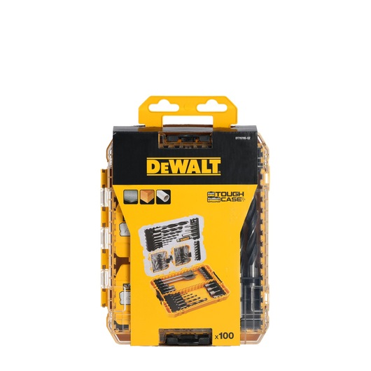 DEWALT ToughCase set, model DT70785, containing 100 different drill and screwdriver bits in a durable, transparent plastic storage case with yellow and black branding, suitable for various materials.