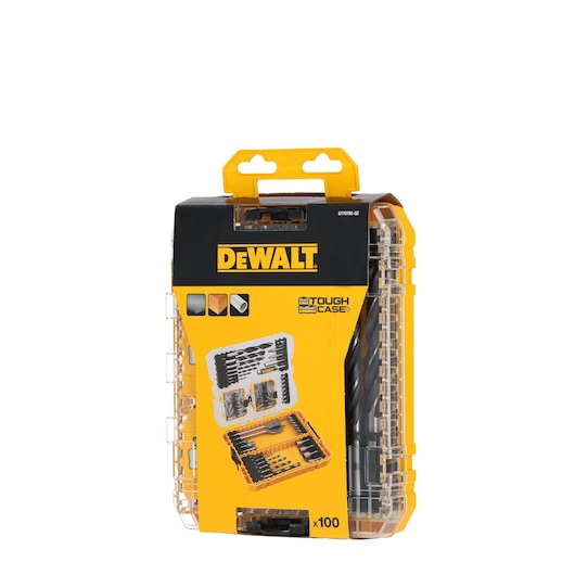 DEWALT DT70785 Tough Case set containing a 100-piece drill and screwdriver bit set in a sturdy yellow and transparent plastic carrying case, shown in retail packaging.