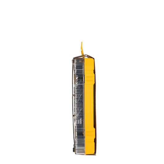 Side view of a DEWALT DT70785 tool bit storage case with a transparent lid and yellow body, photographed against a white background.