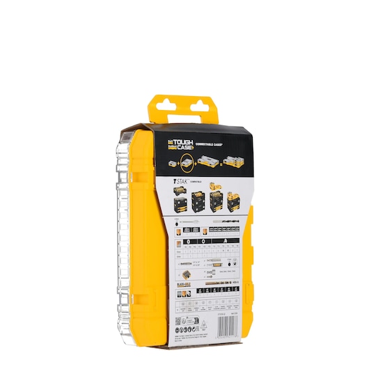 A DEWALT Tough Case accessory storage box, viewed from an angle showing the back and side. The case is yellow with clear plastic sections, and the packaging displays product information, illustrations of compatible stacking cases, and storage options.