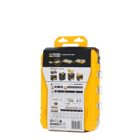 A DEWALT Tough Case+ connectable case, SKU DT70785, shown from the back. The case is yellow with a black lid and information label. The label displays product specifications, compatibility diagrams, and illustrations of different case configurations. The packaging has a carry handle at the top.
