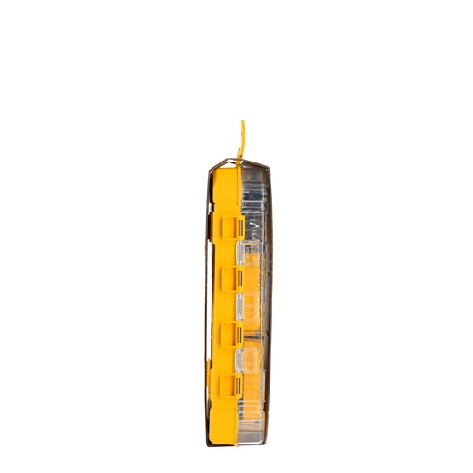 Side view of a DEWALT DT70785 yellow and transparent plastic storage case, featuring several yellow latches on the left side.