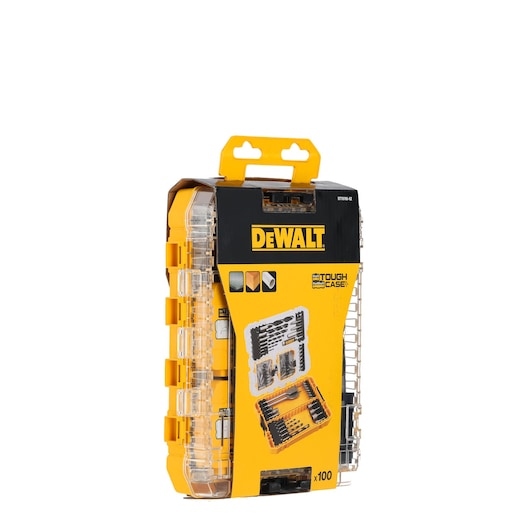 DEWALT Tough Case DT70785 photographed standing upright, showing yellow and black packaging with clear compartments and images of drill bits and accessories on the front.