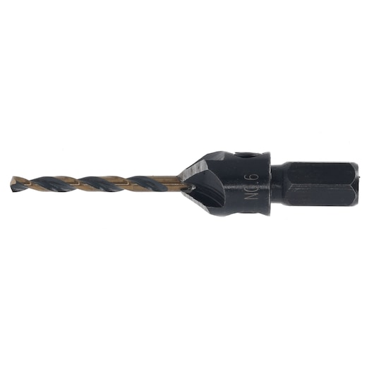 A close-up image of a DEWALT DT70790 drill bit with hex shank and countersink attachment, designed for woodworking and precision drilling.