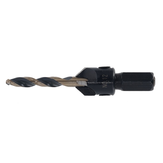 A DEWALT drill bit with a hex shank and a spiral design, shown against a white background.