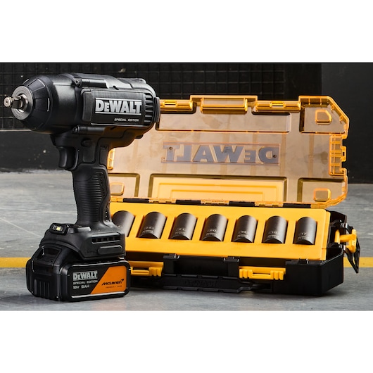 DEWALT x McLaren F1 Team Special Edition Impact Socket Set – open case with Impact Wrench in foreground