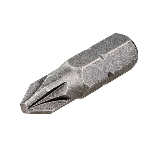 Close-up of a DEWALT screwdriver bit with a cross tip, shown on a white background.
