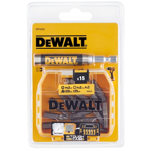 DEWALT DT71573 screwdriver bit set in clear plastic packaging, includes 15 pieces and magnetic bit holder.