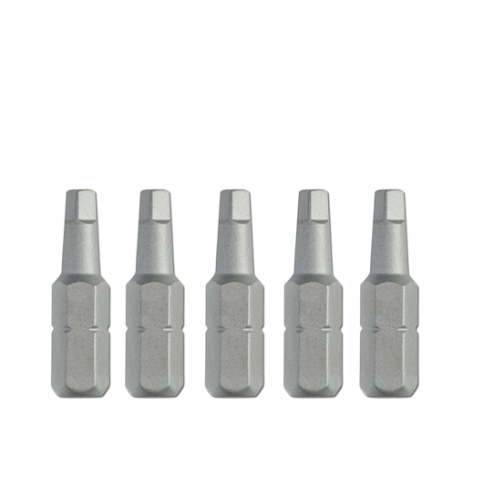 Five DEWALT hex screwdriver bits in a row, shown against a white background.