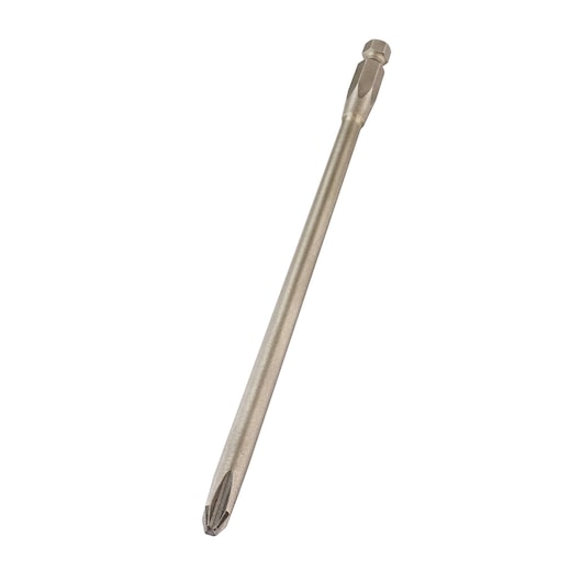 A long DEWALT Phillips screwdriver bit for power tools, metallic finish, isolated on white background.
