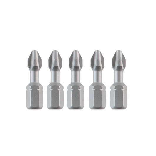 Five DEWALT screwdriver bits arranged in a row on a white background, suitable for use with drills.