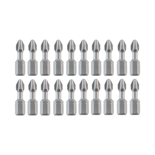 A set of twenty Phillips screwdriver bits arranged in two rows on a white background.