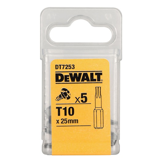 DEWALT DT7253 T10 x 25mm screwdriver bits, pack of 5, in clear plastic packaging.