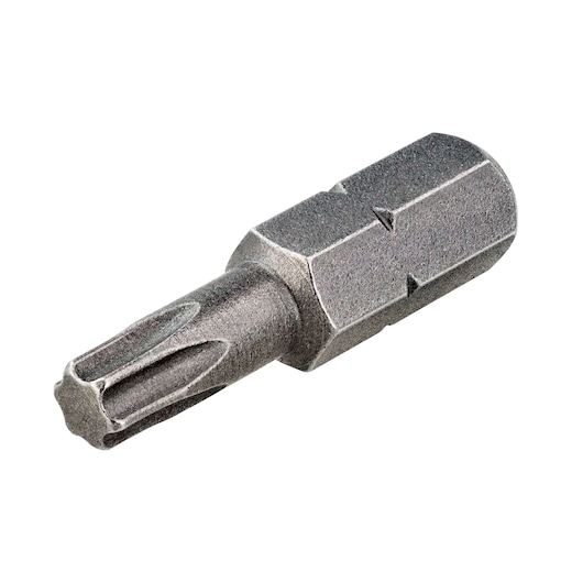Close-up of a DEWALT DT7267 metal screwdriver bit with a hexagonal base and star-shaped tip on white background.