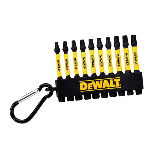 A set of ten yellow and black DEWALT screwdriver bits in a black holder with a keyring clip, displayed against a white background.