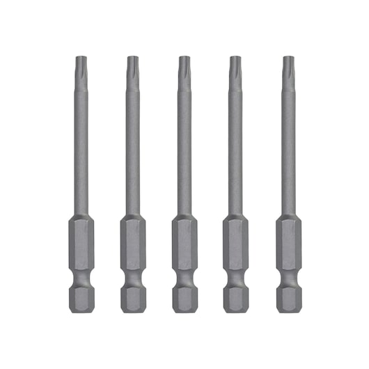 Five long, gray DEWALT screwdriver bits with hex shanks arranged vertically in a row on a white background.