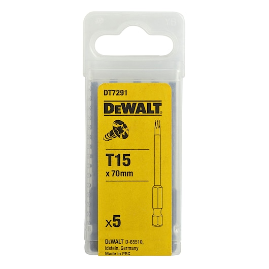 Pack of DEWALT DT7291 T15 x 70mm screwdriver bits, containing 5 pieces, in a transparent plastic box with a yellow label.