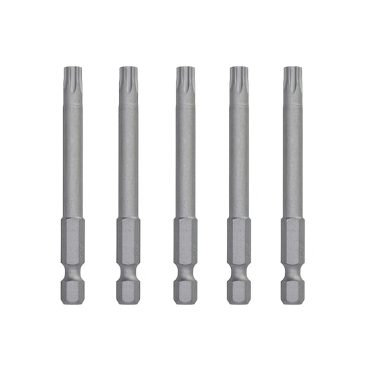 A set of five DEWALT screwdriver bits with hex shanks, arranged in a row on a white background.