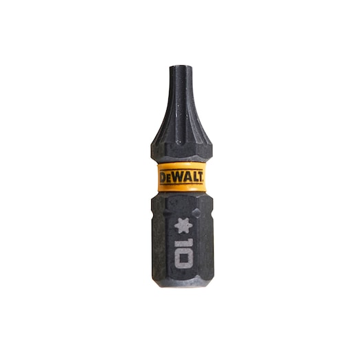 A single DEWALT branded Torx screwdriver bit, size T10, with a black and yellow color scheme, isolated on a white background.