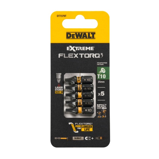 DEWALT Extreme FlexTorq T10 25mm impact ready screwdriver bits, pack of 5, packaged on a black and yellow card. The packaging highlights laser etched size ID, enhanced life zone, and compatibility with impact drivers.
