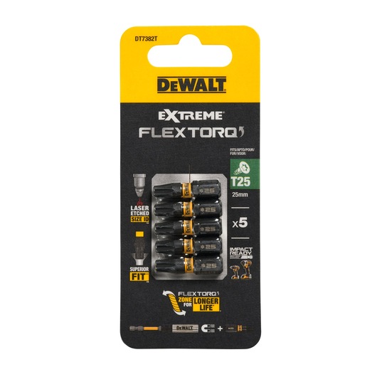 Pack of five DEWALT Extreme FlexTorq T25 25mm impact-ready screwdriver bits, with laser-etched size identification, shown in yellow and black packaging.