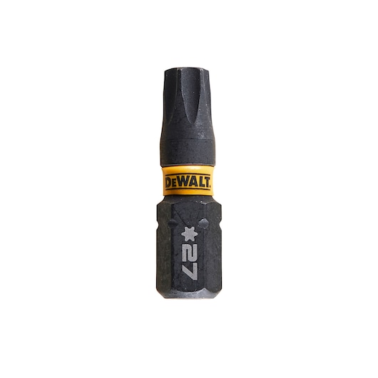A close-up of a DEWALT branded screwdriver bit with a yellow ring and the marking '27' on the bit, designed for use with power tools.
