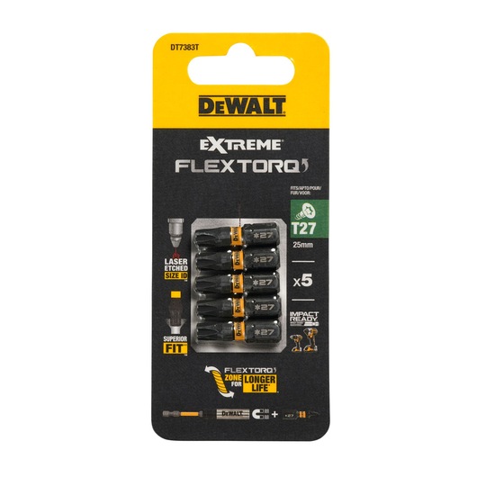 DEWALT Extreme FlexTorq T27, pack of 5 impact-ready screwdriver bits, 25mm length, displayed in black and yellow packaging, model number DT7383T.