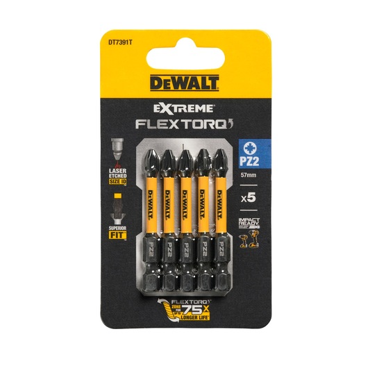 DEWALT EXTREME FLEXTORQ PZ2 57mm screwdriver bits, pack of 5, impact ready, suitable for power tools.