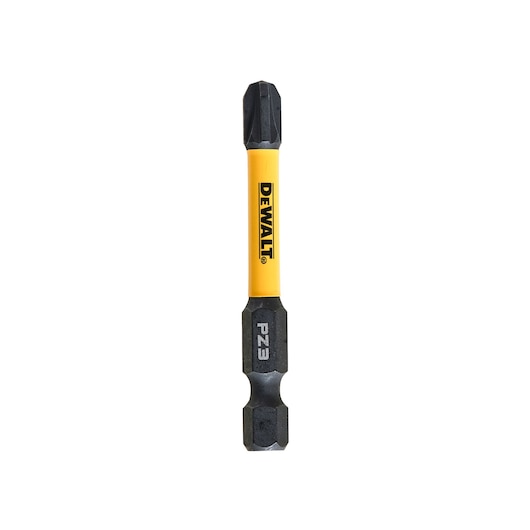 DEWALT branded Pozidriv screwdriver bit, model PZ3, with a yellow central section and black ends.