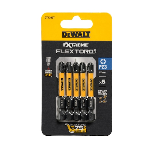 Pack of five DEWALT Extreme FlexTorq impact ready screwdriver bits, PZ3 size, 57mm length, displayed in yellow and black packaging.