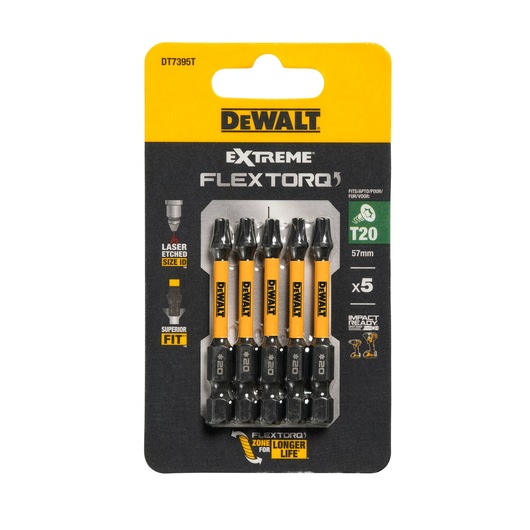 Pack of 5 DEWALT Extreme FlexTorq T20 57mm screwdriver bits in yellow and black packaging.