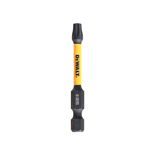 A DEWALT branded screwdriver bit with a yellow body and black tips, labeled with #25. It is designed for use with power tools.