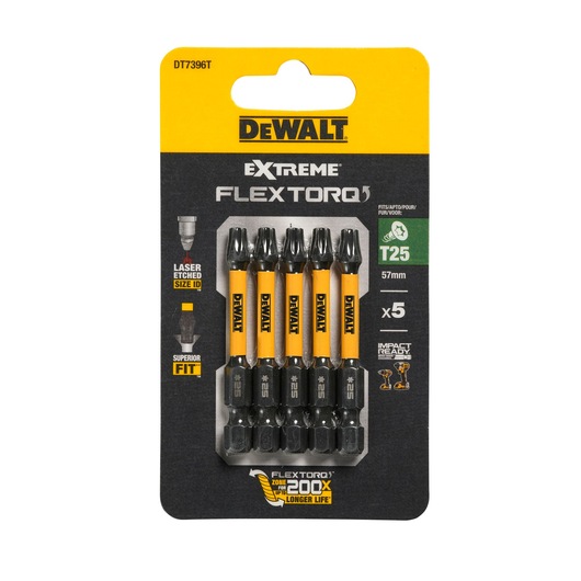 Package of DEWALT Extreme FlexTorq T25 57mm screwdriver bits, set of 5. The packaging is black and yellow with product features such as laser etched size identification, superior fit, and impact ready. The product code DT7396T is shown at the top.