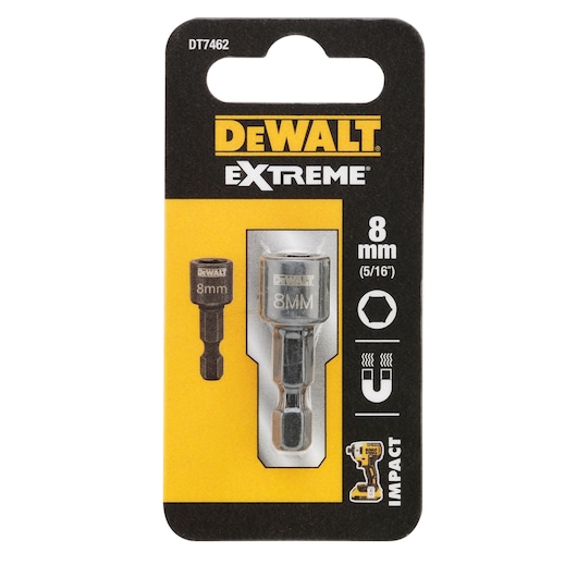 DEWALT Extreme 8mm (5/16 inch) magnetic impact socket adapter DT7462 in retail packaging. The package displays a single socket adapter, its size, and compatible impact driver icon.