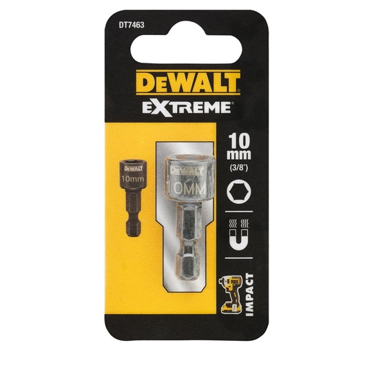 DEWALT Extreme 10mm magnetic impact socket adapter in retail packaging, suitable for impact drivers.