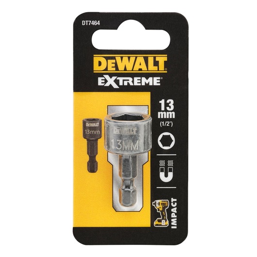 DEWALT Extreme 13mm impact socket adapter, model DT7464, in retail packaging with yellow and black design. The adapter is shown with a hexagonal socket and magnetic feature, suitable for impact tools.