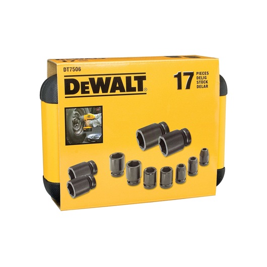 DEWALT 17-piece socket set, photography category, DT7506, DT7506-QZ SKUs, yellow case packaging.