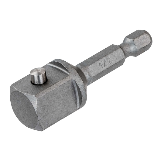 A close-up view of a DEWALT DT7512 metal socket adaptor for drill bits, showing its hex shank and square drive end with ball detent.