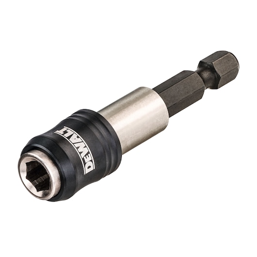 A DEWALT branded metal drill bit holder with a magnetic hex shank, designed for use with power tools.