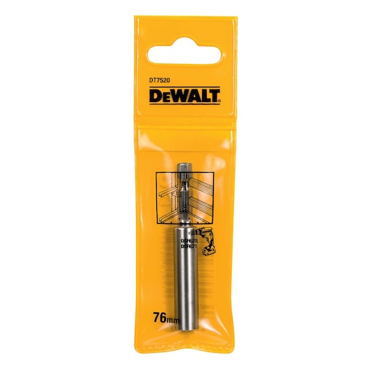 A DEWALT DT7520 76mm metal drill bit is shown in its original yellow packaging. The packaging features the DEWALT logo, a schematic drawing of the bit in use, and product details.