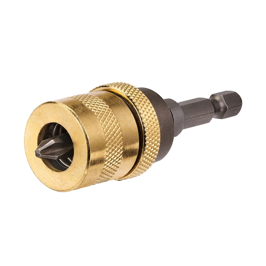 A close-up image of a DEWALT DT7521 photography accessory, featuring a metallic gold quick-change drill bit holder with a black hex shank and a screwdriver bit inserted.