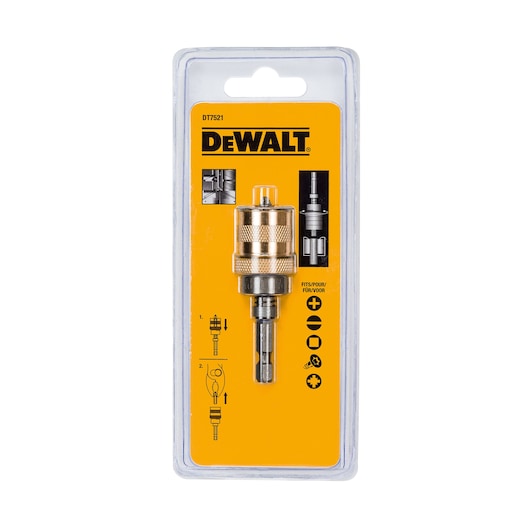 Packaged DEWALT DT7521 magnetic bit holder displayed in a transparent plastic blister pack with yellow backing. The packaging includes product diagrams, compatibility icons, and instructional illustrations.