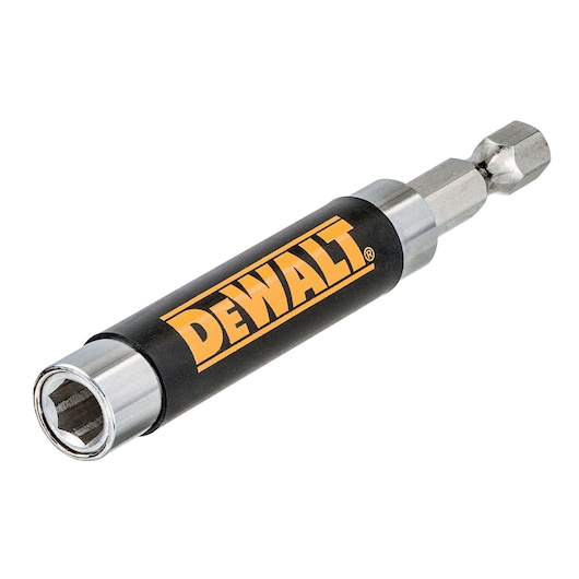 A DEWALT branded magnetic nut driver bit with a black and silver body, used for driving hex head fasteners with a power drill.
