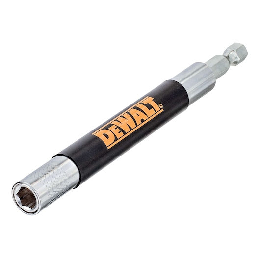 A DEWALT branded magnetic bit holder, with a black body and metallic ends, used for holding screwdriver bits.